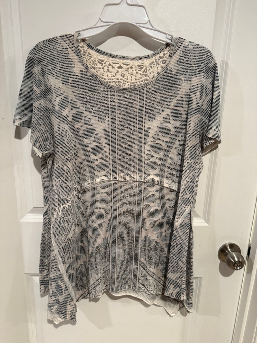 Women's olive green and Cream Printed Short-Sleeve Top with Crochet Detail